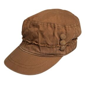 Vintage Y2K Women Cadet Cap Military Newsboy Brown Cotton Lined Grunge M/L